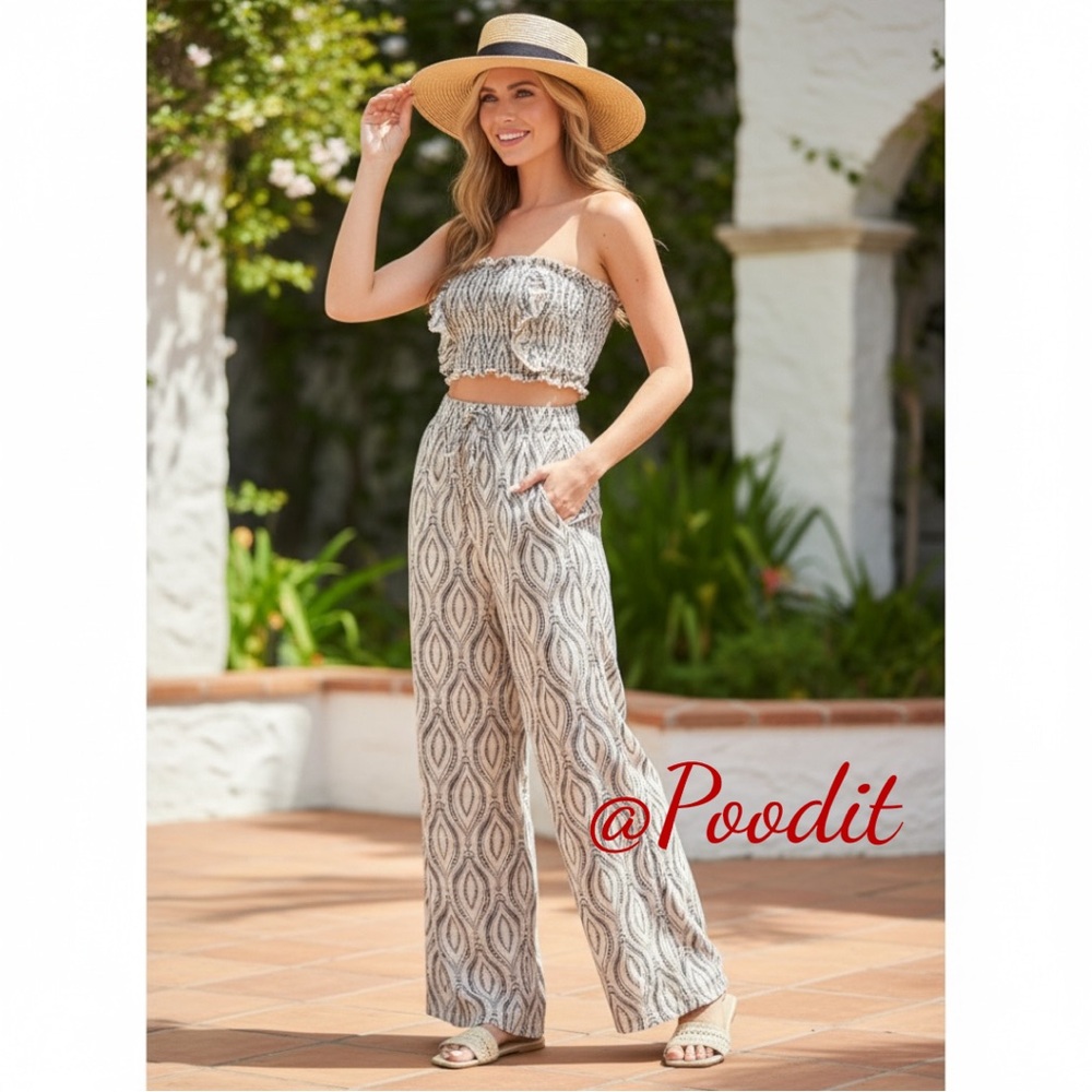 KLESIS crop top and wide leg pant two piece rayon set size LARGE